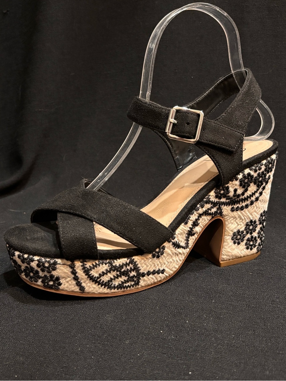 Embroidered Boho Espadrille Platform Block Heel Sandals Black Size 7.5